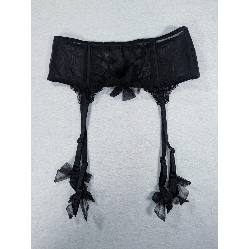 Victoria's Secret Black Lace Mesh Garter Belt with Tulle Bows XS